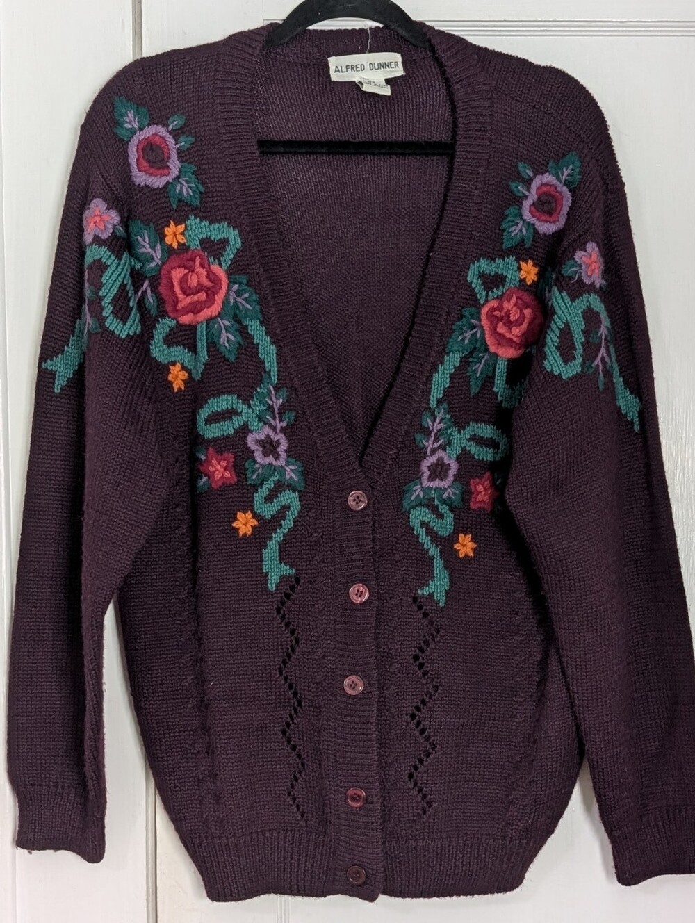 Alfred Dunner Vtg Sz L Purple Floral Embroidered Wool Cottagecore Boho Cardigan